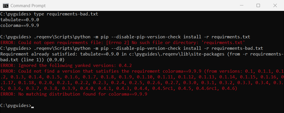 Command Prompt output of pip failing with could not open requirements file and no matching distribution for a version
