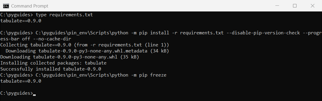 Command Prompt showing pip install -r requirements.txt installing tabulate 0.9.0 and pip freeze listing tabulate==0.9.0
