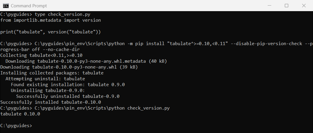 Command Prompt showing pip install tabulate>=0.10,<0.11 in quotes uninstalling 0.9.0 and installing 0.10.0