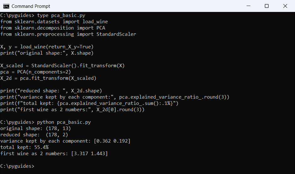 Command Prompt output of scikit-learn PCA reducing the 13-feature wine dataset to two principal components with explained variance
