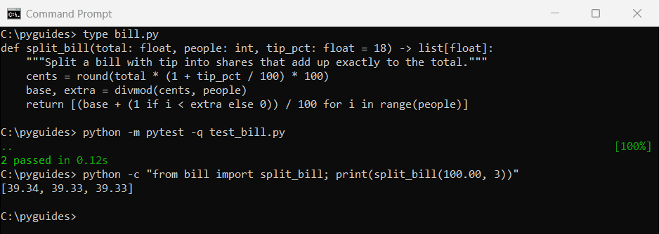 python ai code fixed pytest passes command prompt Command Prompt output of pytest passing after fixing the AI-written bill splitting function so shares add up exactly
