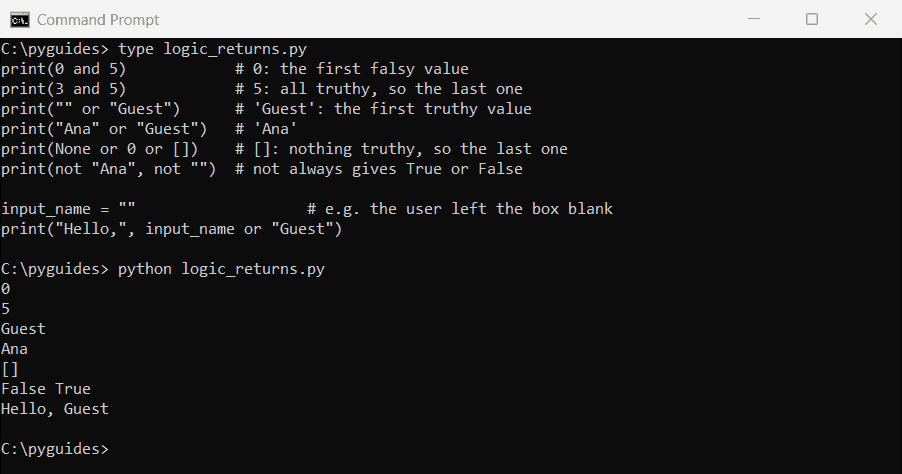 python and or return values not booleans command prompt Command Prompt output showing Python and and or returning operands such as 0, 5 and 'Guest' instead of booleans
