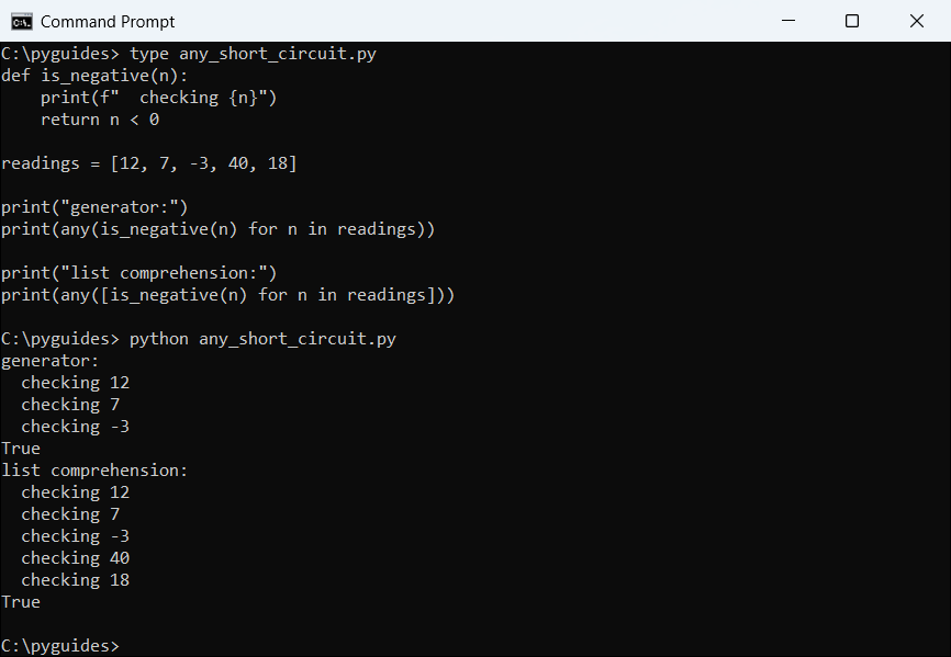 python any function short circuit generator vs list cmd Command Prompt output showing Python any() stopping at -3 with a generator but checking all five readings with a list comprehension