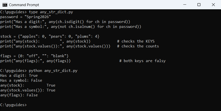 python any function string dictionary keys values cmd Command Prompt output of Python any() checking a password for digits and symbols and testing dictionary keys versus values