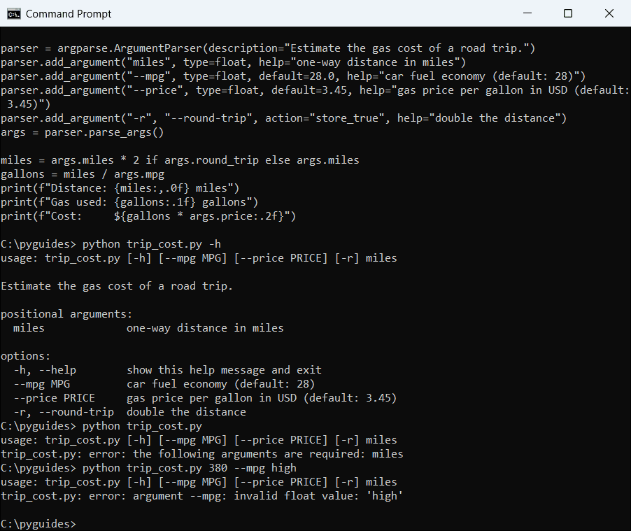 python argparse help and required argument error command prompt Command Prompt showing argparse -h help output, a required argument error and an invalid float value error