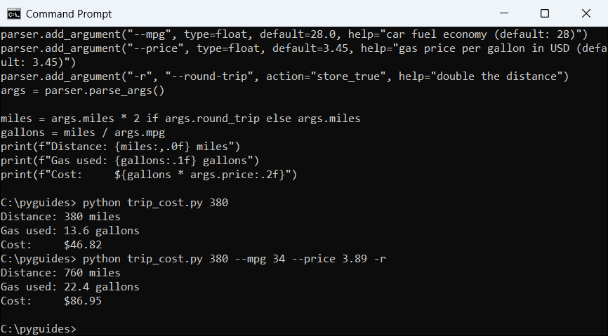 python argparse positional and optional arguments command prompt Command Prompt running a Python argparse script with only the positional argument, then with mpg, price and round-trip options