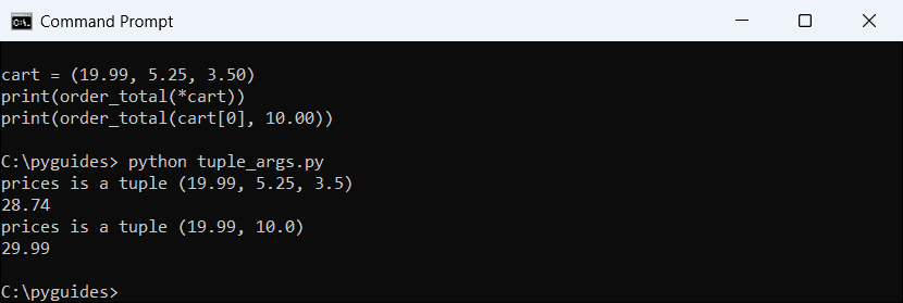 python args collects arguments into tuple command prompt Command Prompt output of a Python *args function showing prices collected into a tuple and summed