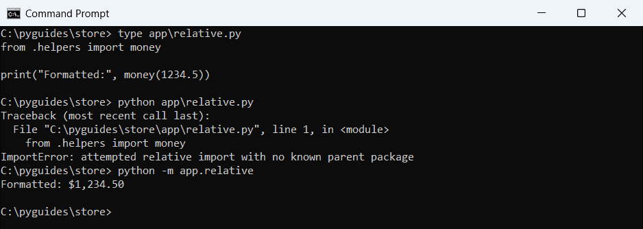 Command Prompt output of ImportError attempted relative import with no known parent package, fixed by running python -m app.relative
