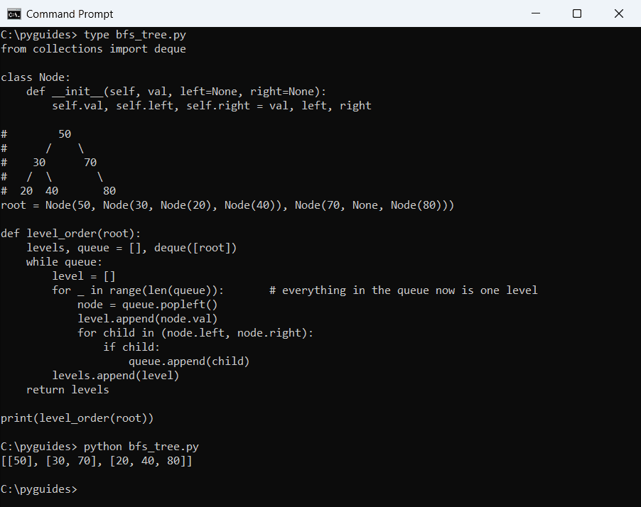 Command Prompt output of a Python binary tree level order traversal using a deque, printed as a list of levels