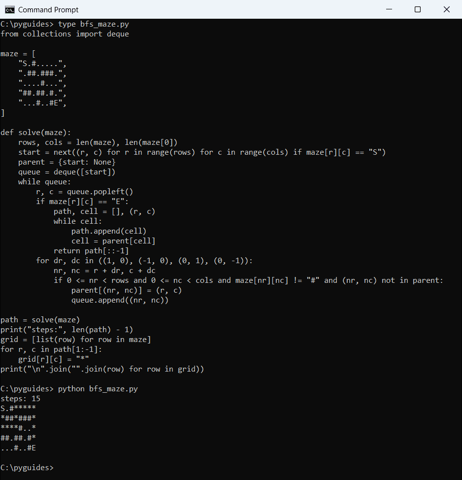 Command Prompt output of Python breadth first search solving a text maze and marking the shortest path with stars