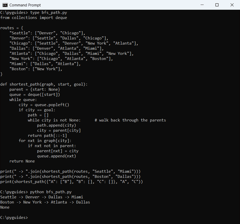 Command Prompt output of a Python BFS shortest path between US cities with the fewest flights, plus None for an unreachable node