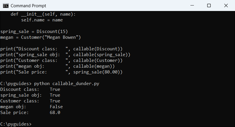 Command Prompt output of Python callable() on a Discount class with __call__, its instance, a Customer class and a Customer instance
