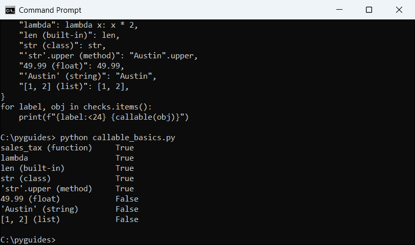 Command Prompt output of Python callable() returning True for a function, lambda, len, str and a bound method, and False for a float, string and list