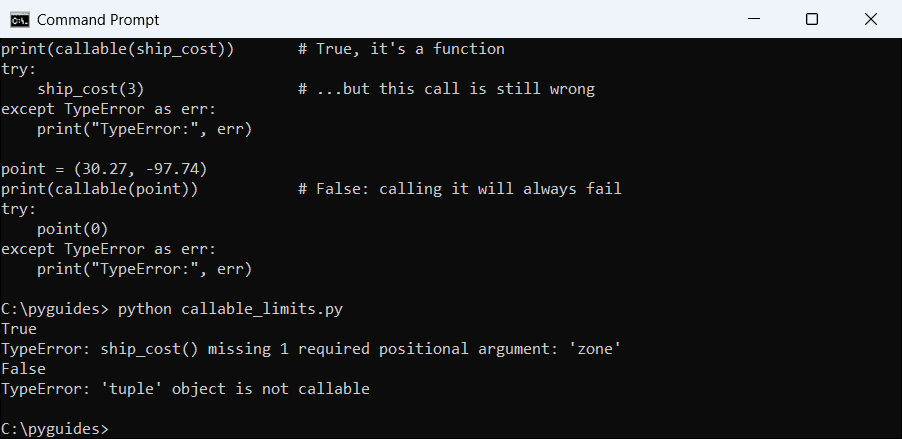 Command Prompt output showing Python callable() returning True for a function that still raises TypeError, and False for a tuple that is not callable