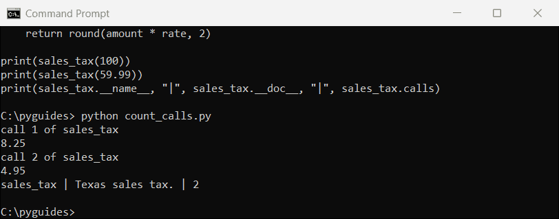 python class as decorator call update wrapper command prompt Command Prompt output of a Python class used as a decorator with __call__ counting calls and keeping the function name