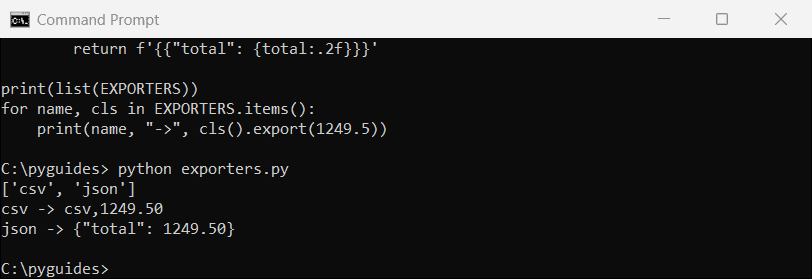 python class decorator register classes command prompt Command Prompt output of a Python class decorator registering two exporter classes in a dictionary