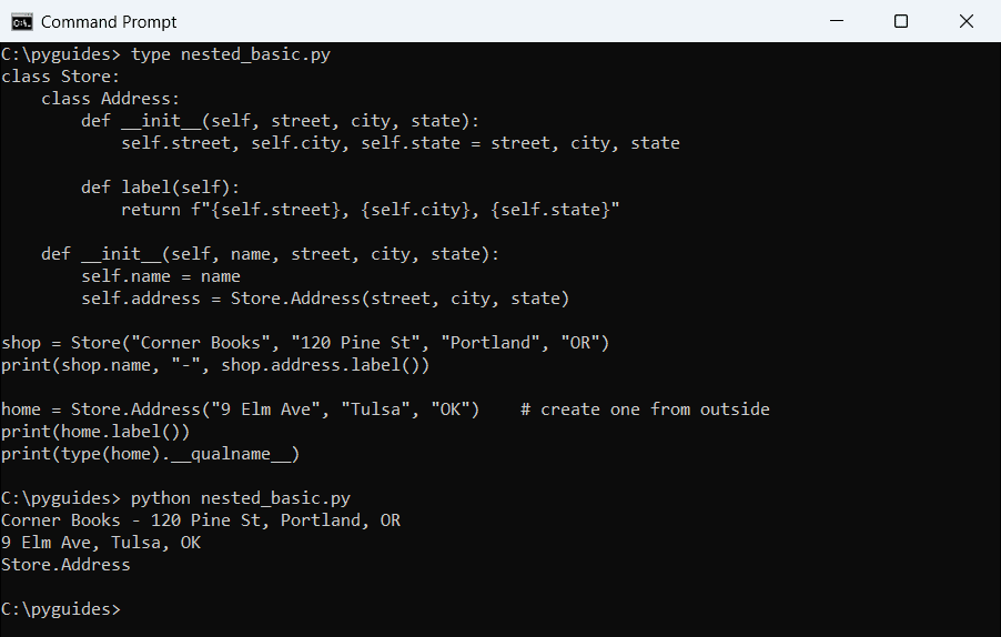Command Prompt output of a Python Store class with a nested Address class created inside and outside the outer class