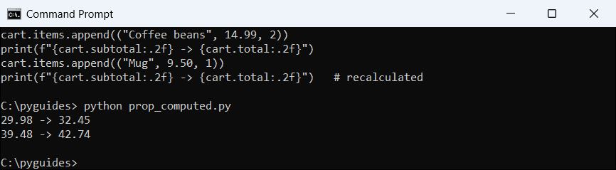 Command Prompt output of Python computed properties recalculating a cart subtotal and total with sales tax