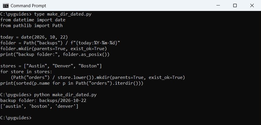 python create dated folders and subfolders command prompt Command Prompt output of Python creating a dated backup folder and one subfolder per US store with pathlib