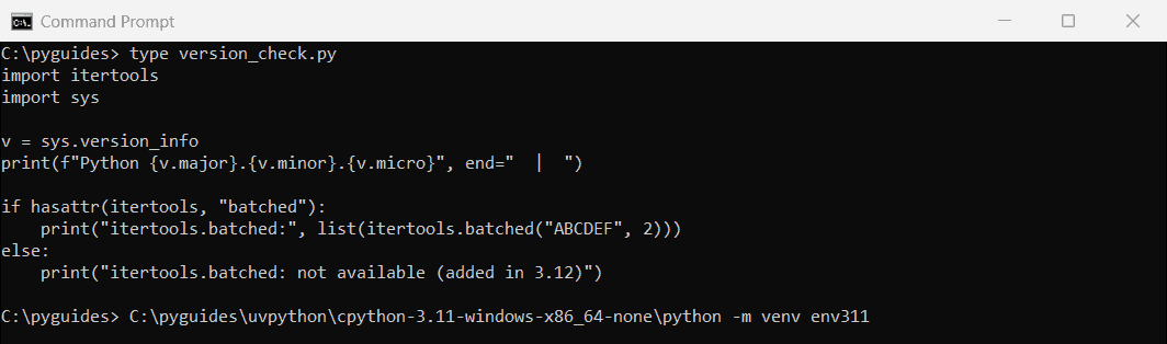 python create venv with specific python version command prompt Command Prompt creating a Python virtual environment with the 3.11 interpreter and running a script inside it on Python 3.11