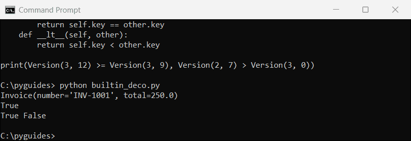 python dataclass total ordering class decorators command prompt Command Prompt output of Python @dataclass generating repr and equality and @total_ordering adding comparison operators