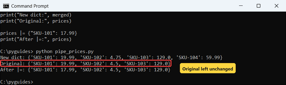 python dict merge operator pipe equals command prompt Command Prompt output of the Python dict merge operator | and the in-place |= update