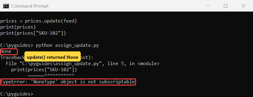 python dict update returns none typeerror command prompt Command Prompt output showing Python dict update returning None and a TypeError on the next lookup