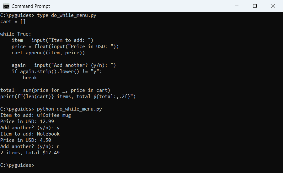 Command Prompt showing a Python do-while style loop asking for an item and a price in US dollars until the user answers n