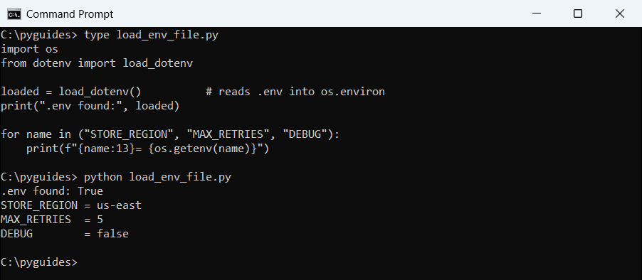 python dotenv load env file command prompt Command Prompt output of python-dotenv load_dotenv reading STORE_REGION, MAX_RETRIES and DEBUG from a .env file