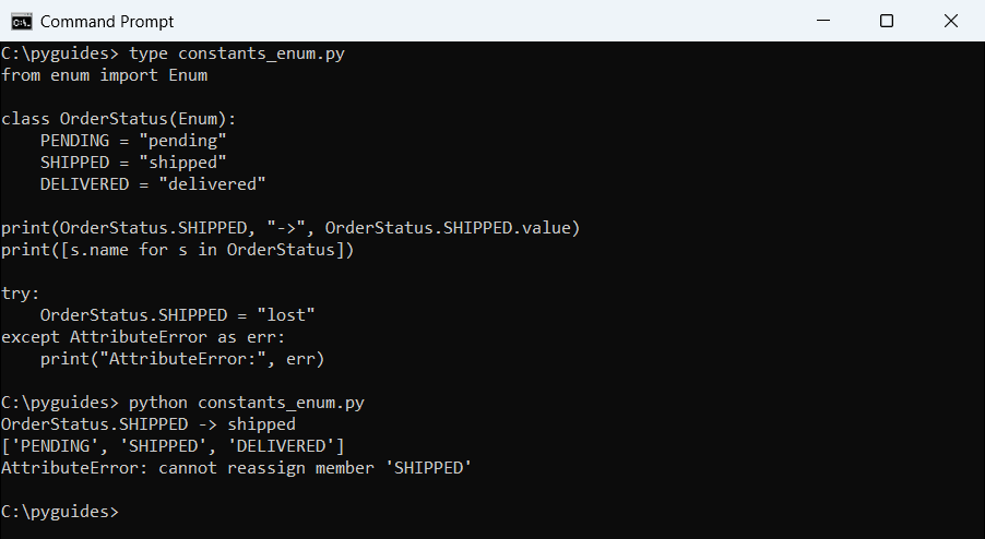 Command Prompt output of a Python Enum of order statuses, listing member names and raising AttributeError when a member is reassigned