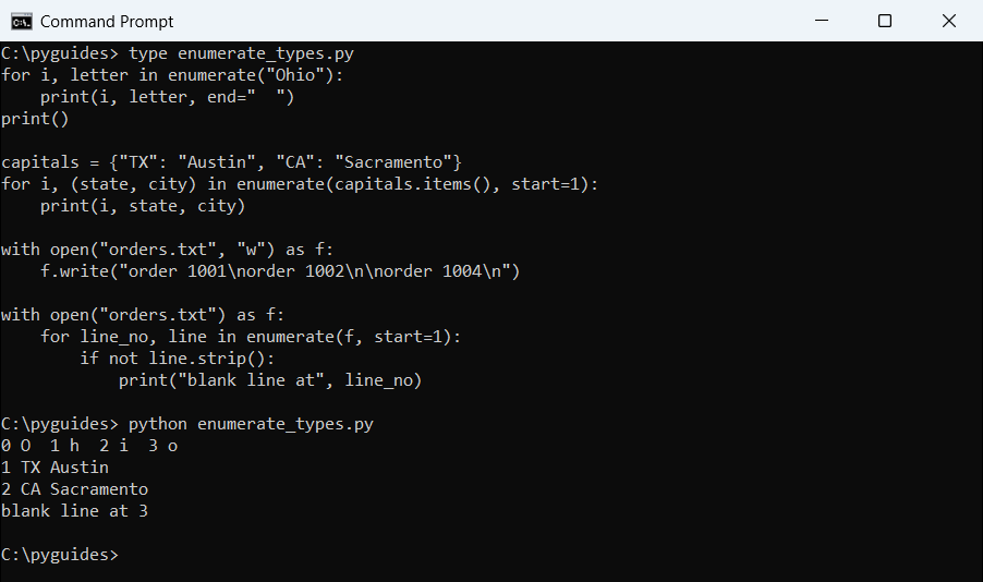 python enumerate string dictionary file lines command prompt Command Prompt output of Python enumerate over a string, a dictionary's items and the lines of a text file to find a blank line
