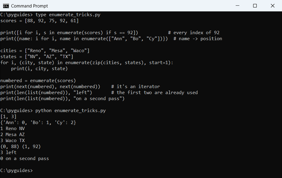 python enumerate zip comprehension iterator command prompt Command Prompt output of Python enumerate in a comprehension, a dict comprehension, combined with zip, and consumed with next