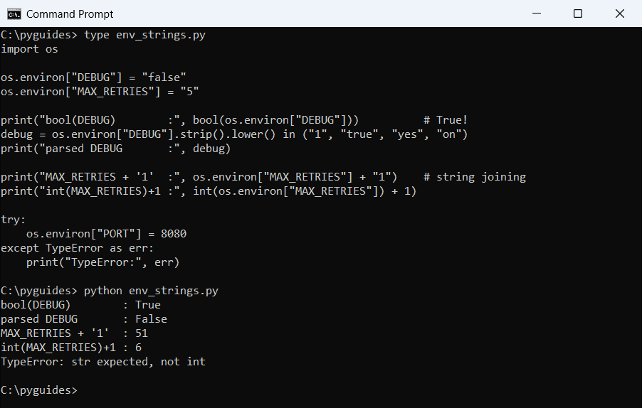 python environment variable bool false string gotcha command prompt Command Prompt output showing a Python environment variable set to false still evaluating True with bool, plus string joining and a TypeError for an int value