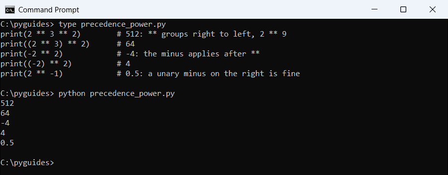 Command Prompt output of Python exponent precedence: 2 ** 3 ** 2 is 512 and -2 ** 2 is -4