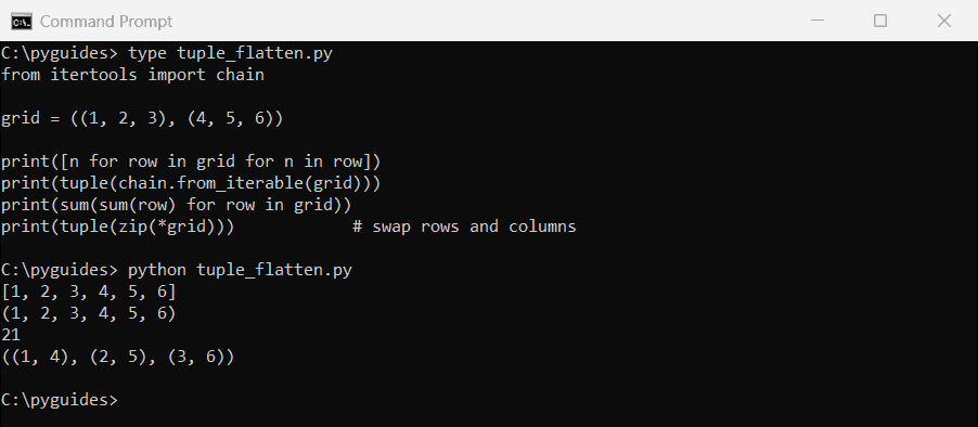 python flatten tuple of tuples chain zip command prompt Command Prompt output flattening a Python tuple of tuples with a comprehension and itertools chain, summing it and transposing it with zip