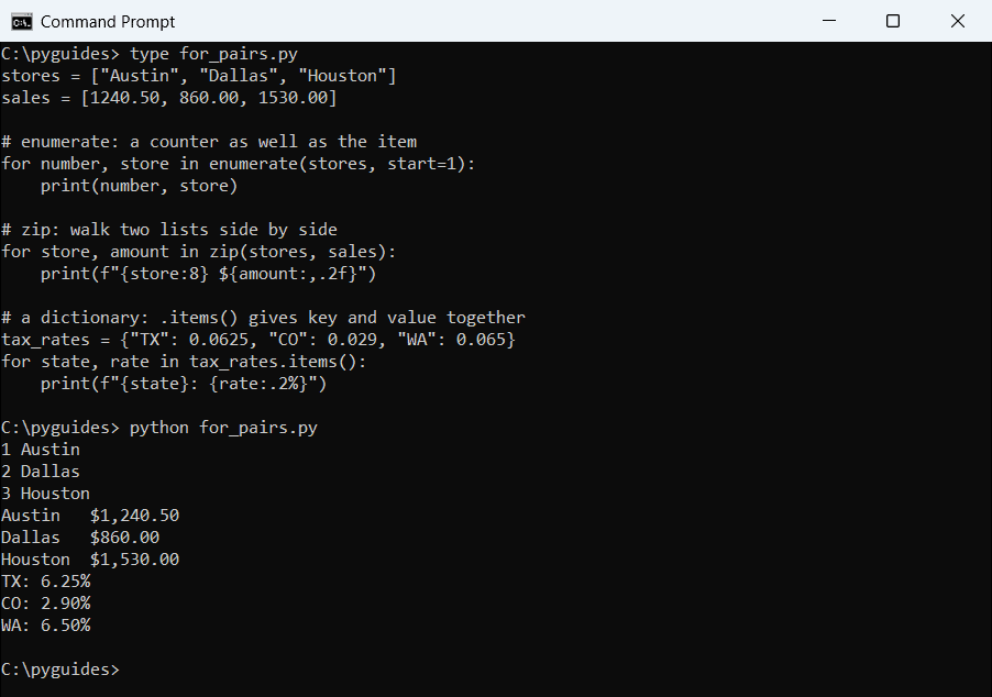 Command Prompt output of Python for loops using enumerate starting at 1, zip over stores and sales, and dictionary items of state tax rates