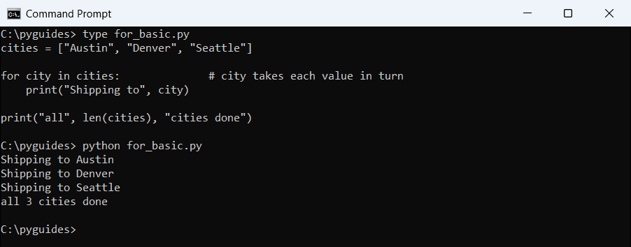 Command Prompt output of a Python for loop printing each city in a list