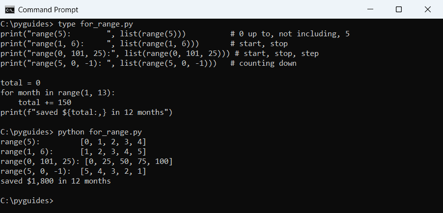 Command Prompt output of Python range with one two and three arguments including a negative step, and a loop over 12 months