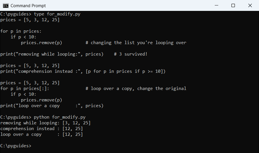 Command Prompt output showing a Python for loop removing items from the list it iterates over and skipping the value 3, with two correct alternatives