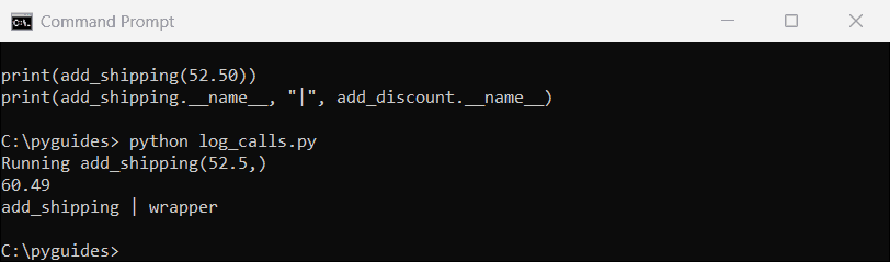 Command Prompt output of a Python logging decorator using functools.wraps compared with a decorator that loses the function name
