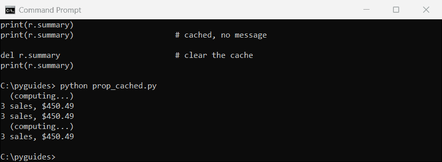 Command Prompt output of Python functools.cached_property computing a report once, returning the cached value, then recomputing after del