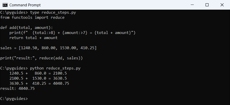 python functools reduce step by step accumulation command prompt Command Prompt output of Python functools reduce adding four sales figures one step at a time