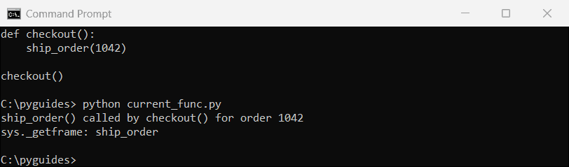 Command Prompt output of Python inspect.currentframe and inspect.stack printing the current and caller function names