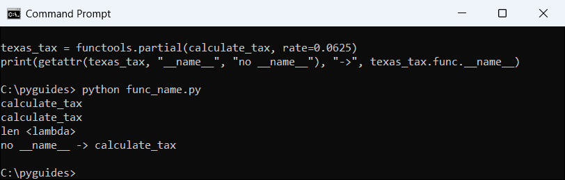 Command Prompt output of Python __name__ on a function, an alias, a built-in, a lambda and a functools.partial object
