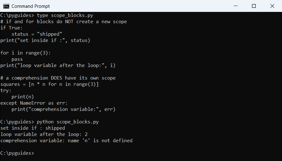 Command Prompt output showing Python variables set inside if and for blocks are visible afterward while a list comprehension variable is not