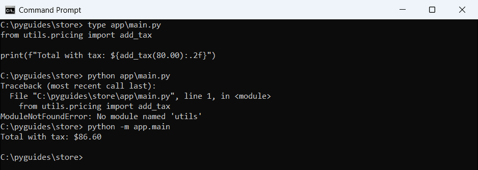 Command Prompt output of ModuleNotFoundError No module named utils when running app/main.py directly, then success with python -m app.main