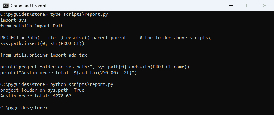Command Prompt output of a Python script adding its parent folder to sys.path and importing utils from another directory