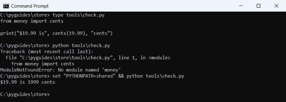 Command Prompt output of a ModuleNotFoundError, then a successful import after setting PYTHONPATH to the shared folder