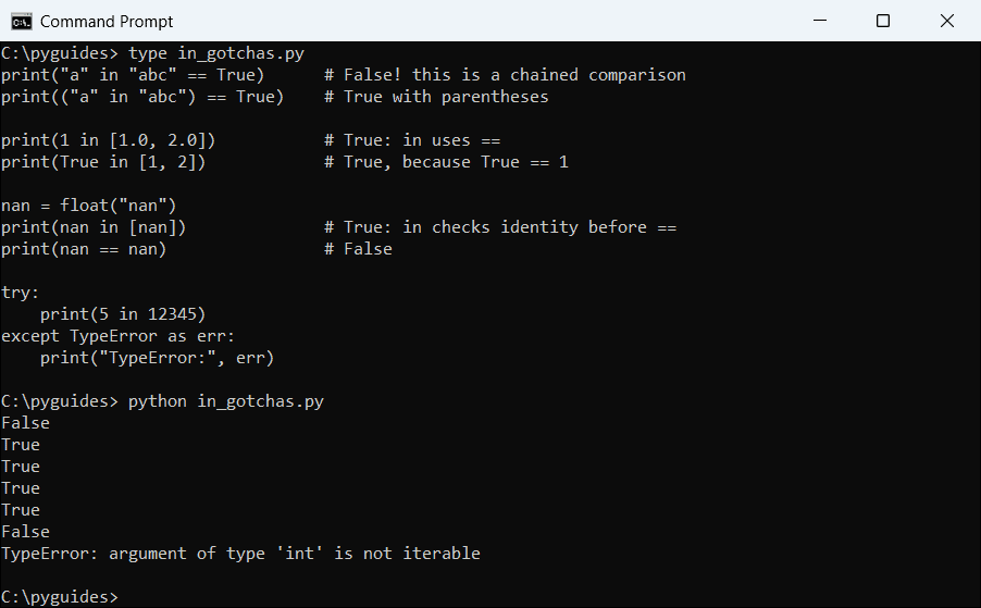 python in operator chained comparison nan typeerror command prompt Command Prompt output of Python in operator gotchas: chained comparison with == True, 1 in a float list, NaN and a TypeError on an int