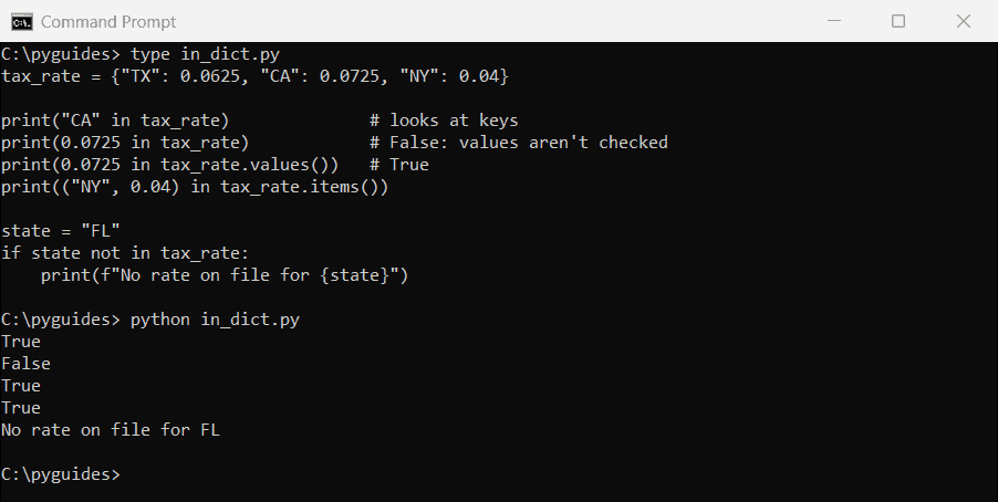 python in operator dictionary keys values not in command prompt Command Prompt output of the Python in operator on a dictionary of state sales tax rates, checking keys, values and items